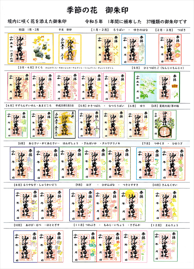 令和5年の1年間に頒布した37種類の御朱印